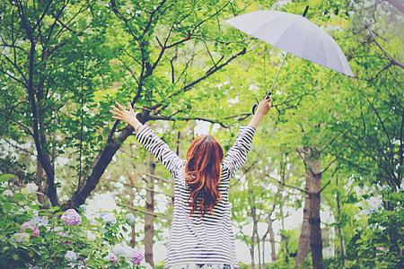 woman with white and black stripe dress raising hands white holding umbrella surrounded with trees and plants thumbnail