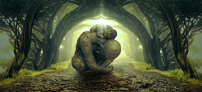 statue of man with baby on back between trees wallpaper thumbnail