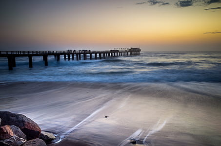 dusk, sea, beach, sunset, pier, wafe thumbnail