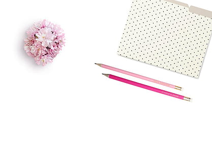 Pink Petaled Flower Beside Two Pink Pens thumbnail