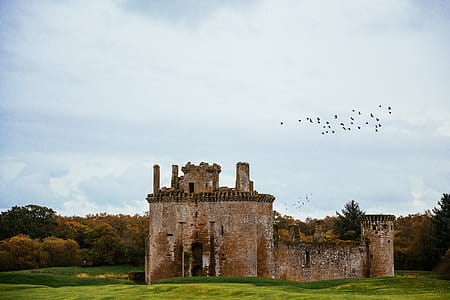 Birds flying over Caerlaverock Castle located on the southern coast of Scotland thumbnail