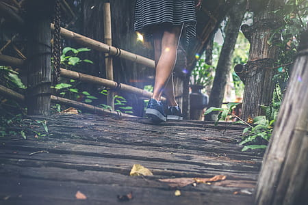 Woman Walking on Wooden Bridge thumbnail