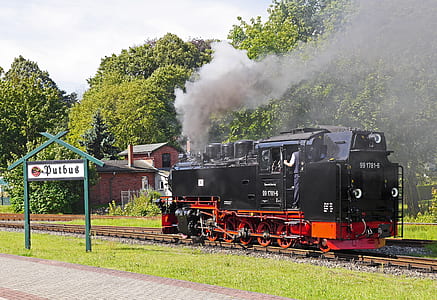 black and red train on brown wooden rail during daytime thumbnail