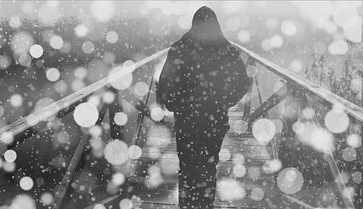 silhouette of person walking on hanging bridge with bokeh thumbnail