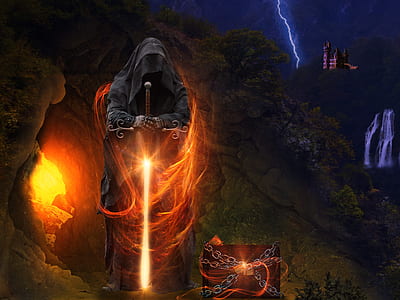 man wearing black robe while holding glowing red sword beside wooden chest thumbnail