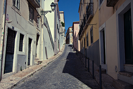Wide-angle shot of a quiet side street in Lisbon, Portugal. Image captured with a Canon DSLR thumbnail
