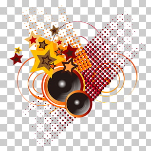 Microphone Music, Trendy cool music background , speakers, stars, and red dots illustration PNG clipart