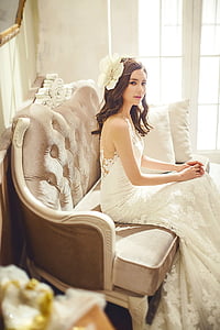 woman wearing white floral night gown sitting on sofa thumbnail