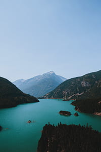 aerial photo of body of water surrounded by mountain thumbnail