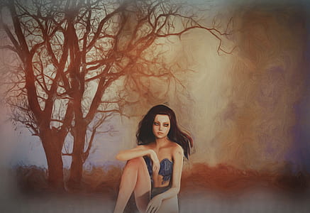 woman sitting beside leafless tree painting thumbnail