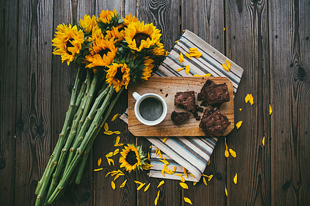 yellow sunflower flowers near white ceramic mug with coffee thumbnail