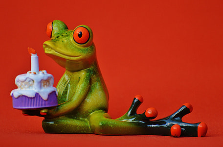 frog holding cake figurine on red surface thumbnail