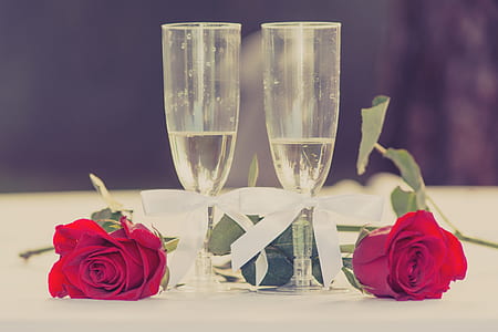 two champagne glasses with two red roses thumbnail