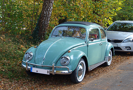 teal Volkswagen Beetle coupe parked near green leaf tree thumbnail