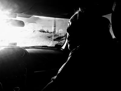 Woman Inside Car Grayscale Photo thumbnail
