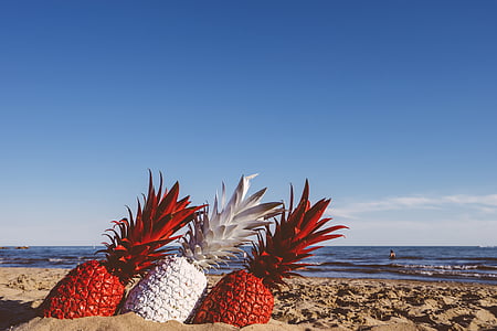 two red and one white pineapples on the sand thumbnail