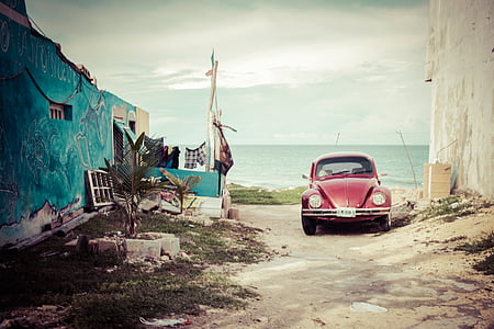 red Volkswagen Beetle in the beach during daytime thumbnail