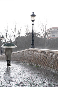 person in brown coat holding umbrella walk in the bridge beside lantern post during rain thumbnail