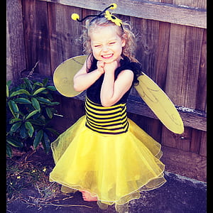 girl wearing yellow and black bee costume standing behind brown wooden fence at daytime thumbnail