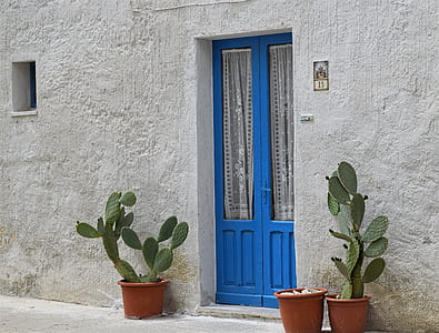 blue wooden framed clear glass door at daytime thumbnail