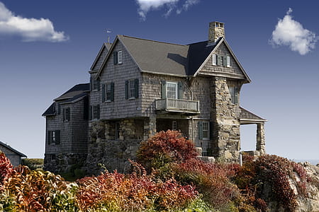 Photography of Grey Concrete House Around the Red Green Leaves Plant Under the Blue Sky thumbnail