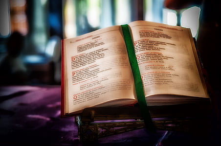 opened bible with green bookmark thumbnail
