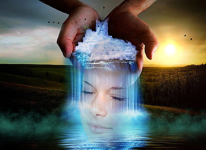 woman's face portrait in reflection of hand waterfalls golden hour photo illustration thumbnail