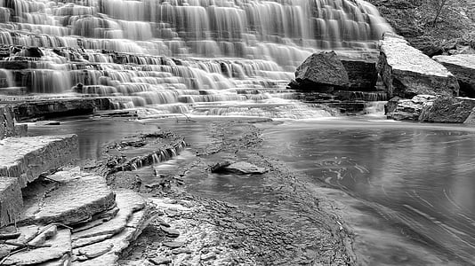 grayscale photography of waterfalls thumbnail