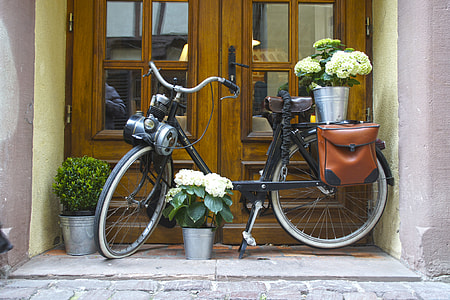 photo of black step through cruiser bike with organized flower beside door thumbnail