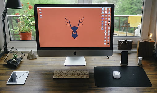 turned on silver iMac with keyboard and mouse beside white iPad thumbnail