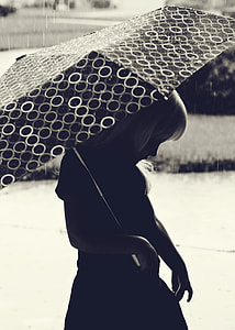 grayscale photo of girl holding umbrella thumbnail