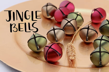 red bells on round gray tray with Jingle Bells text overlay thumbnail