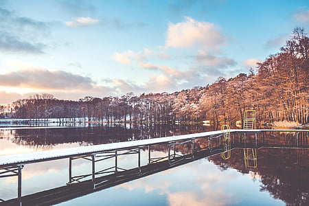 gray wooden bridge under blue sky at daytime thumbnail