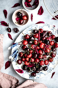 top view photo of cherries on white plate thumbnail