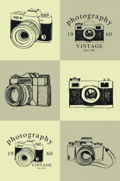 Vintage Camera Icons Collection Black White Sketch Eps Ai
