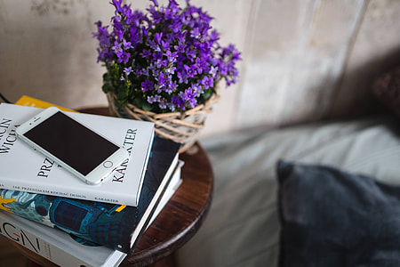 Books and purple flowers on a wooden stool by the bed thumbnail