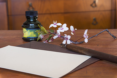 white paper with brown pen and ink bottle on brown wooden table thumbnail