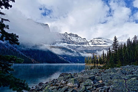calm body of water near mountains and trees under blue sky and white clouds during daytime thumbnail