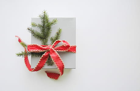 green pine leaf accent white gift box with red ribbon thumbnail