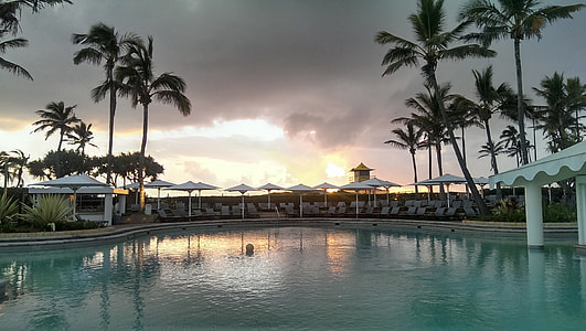swimming pool surrounded with white parasols thumbnail