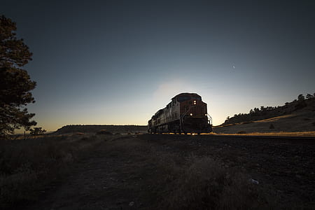 brown train across grass field during daytime thumbnail