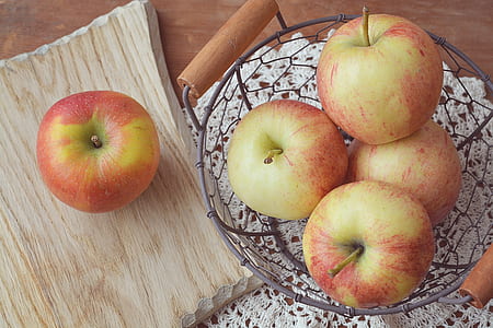 five red apples on wooden top surface thumbnail