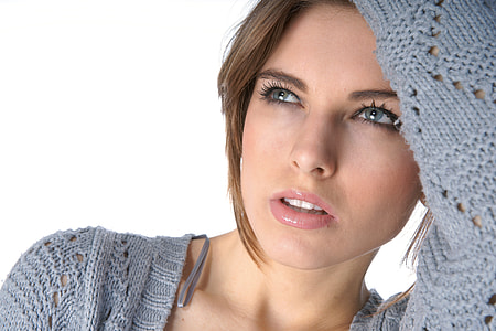 woman in grey lace long-sleeved shirt with pink lipstick thumbnail