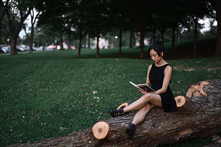 woman wearing black sleeveless dress sitting on brown tree log thumbnail