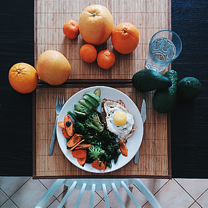 Chicken steak with egg, spinach, broccoli, avocado and carrot thumbnail