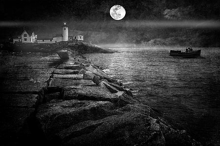 grayscale photo of ship near city thumbnail