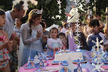 girl wearing Frozen Elsa dress beside Frozen theme birthday cake thumbnail