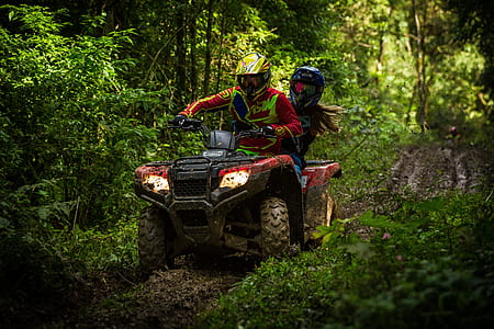 man and woman riding on red and black ATV under green leafed trees at daytime thumbnail