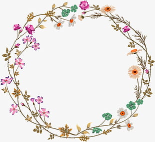 Colorful simplicity flower vine circle border texture, yellow and pink floral wreath PNG clipart