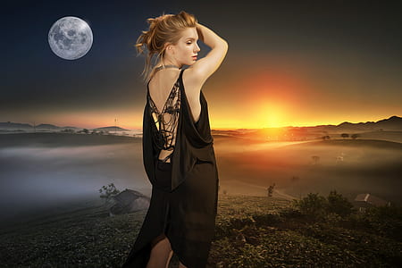 woman wearing black dress near full moon thumbnail